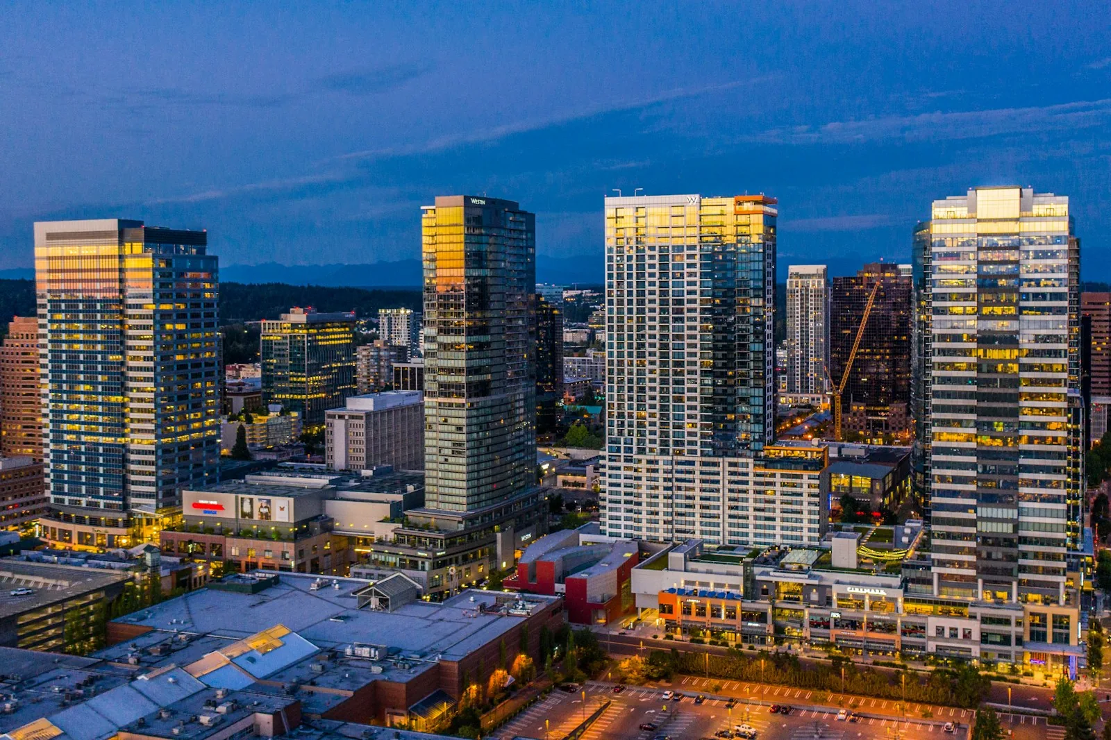 Downtown Bellevue, WA skyline at dusk